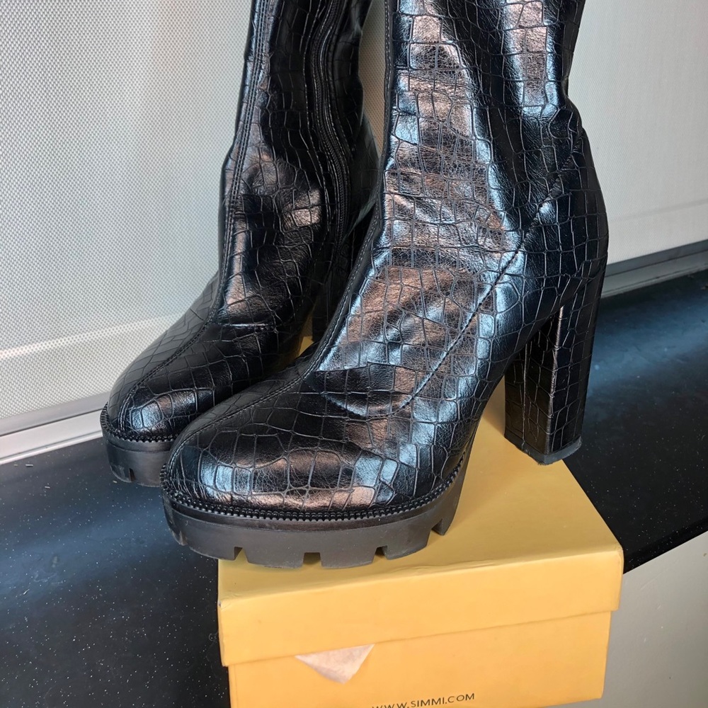 Black Croc print platform ankle boots